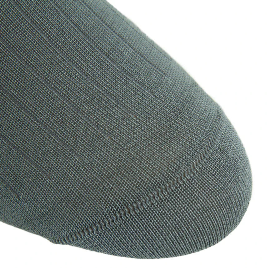 Close-up of the toe area on the Dapper Classics Steel Gray Solid Ribbed Cotton Sock (mid-calf), highlighting its ribbed texture and fine linked toe stitching.