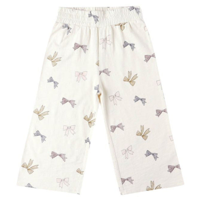 Rylee & Cru Baby Girls’ and Girls’ Wide Leg Pant—white cotton pull-on pants with an elastic waistband and pastel scattered bow print.