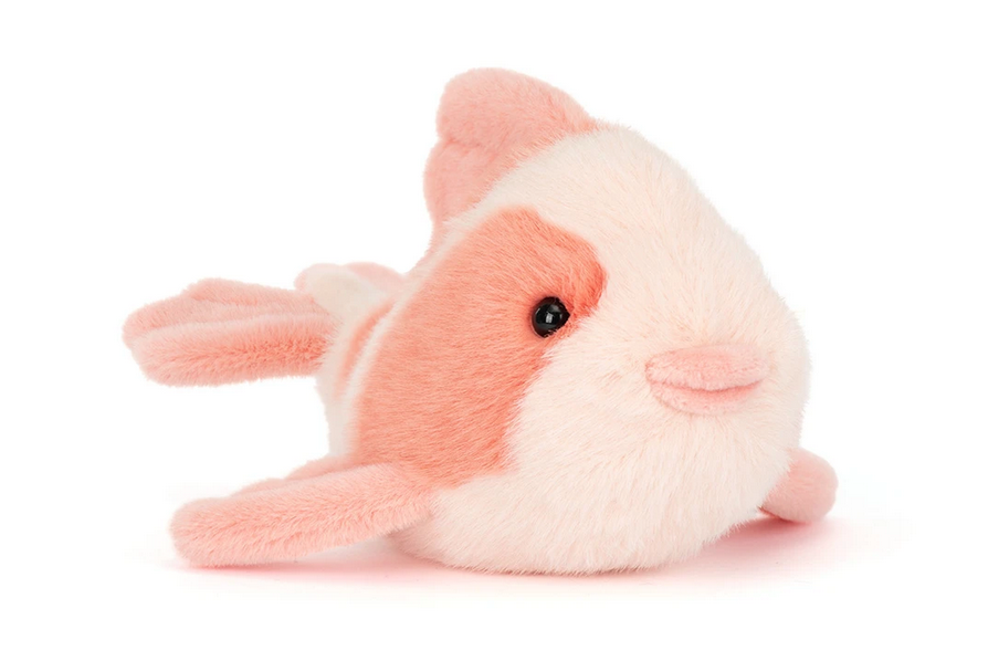 The Jellycat Fancy Carp is a soft, plush toy shaped like a pink and white fish with black eyes, set against a plain white background—an ideal whimsical accent for any refined style furniture store.