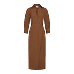 The Walkaway Cotton Poplin Dress by TWP is a brown, long-sleeve, collared midi dress with a V-neckline, wrap waist, belted detail, and crafted from a cotton-blend fabric for effortless style.