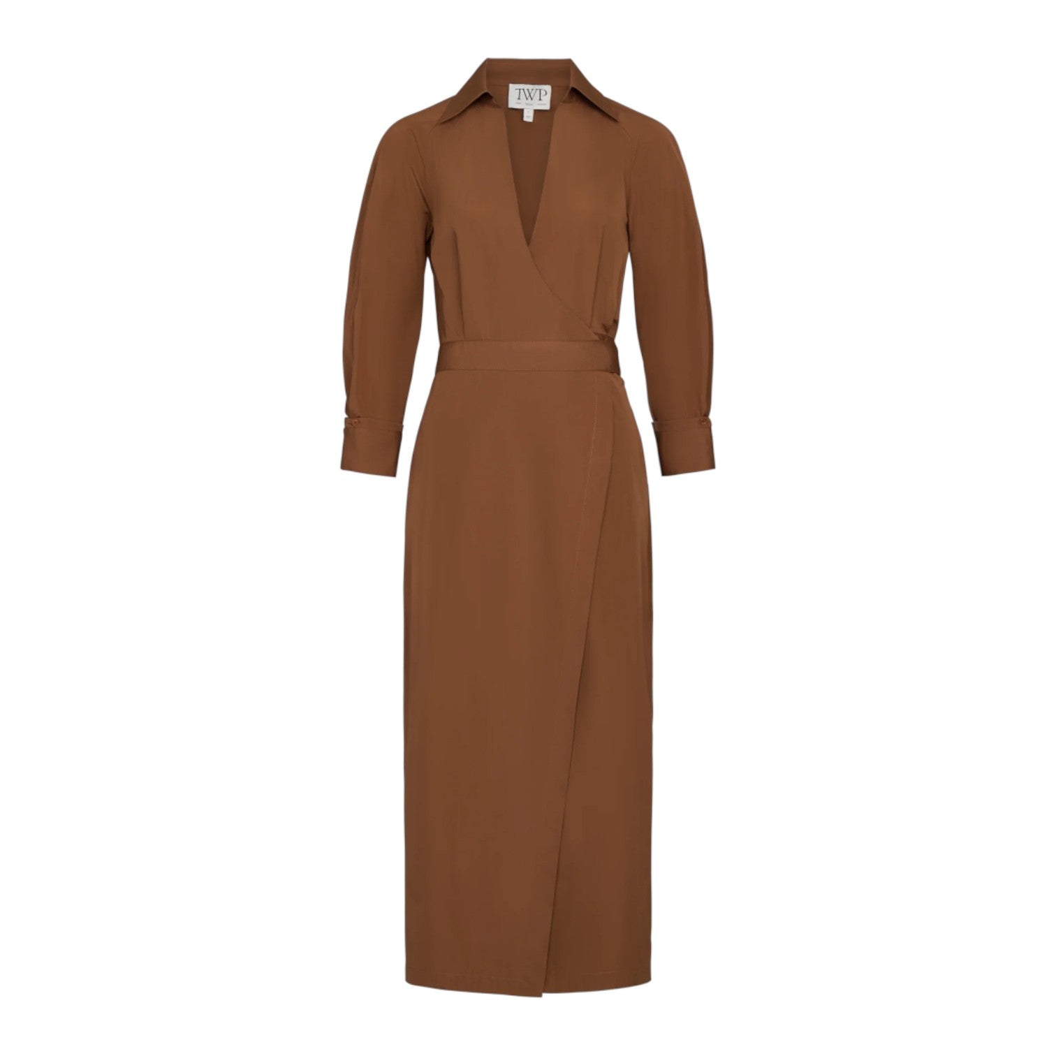 The Walkaway Cotton Poplin Dress by TWP is a brown, long-sleeve, collared midi dress with a V-neckline, wrap waist, belted detail, and crafted from a cotton-blend fabric for effortless style.