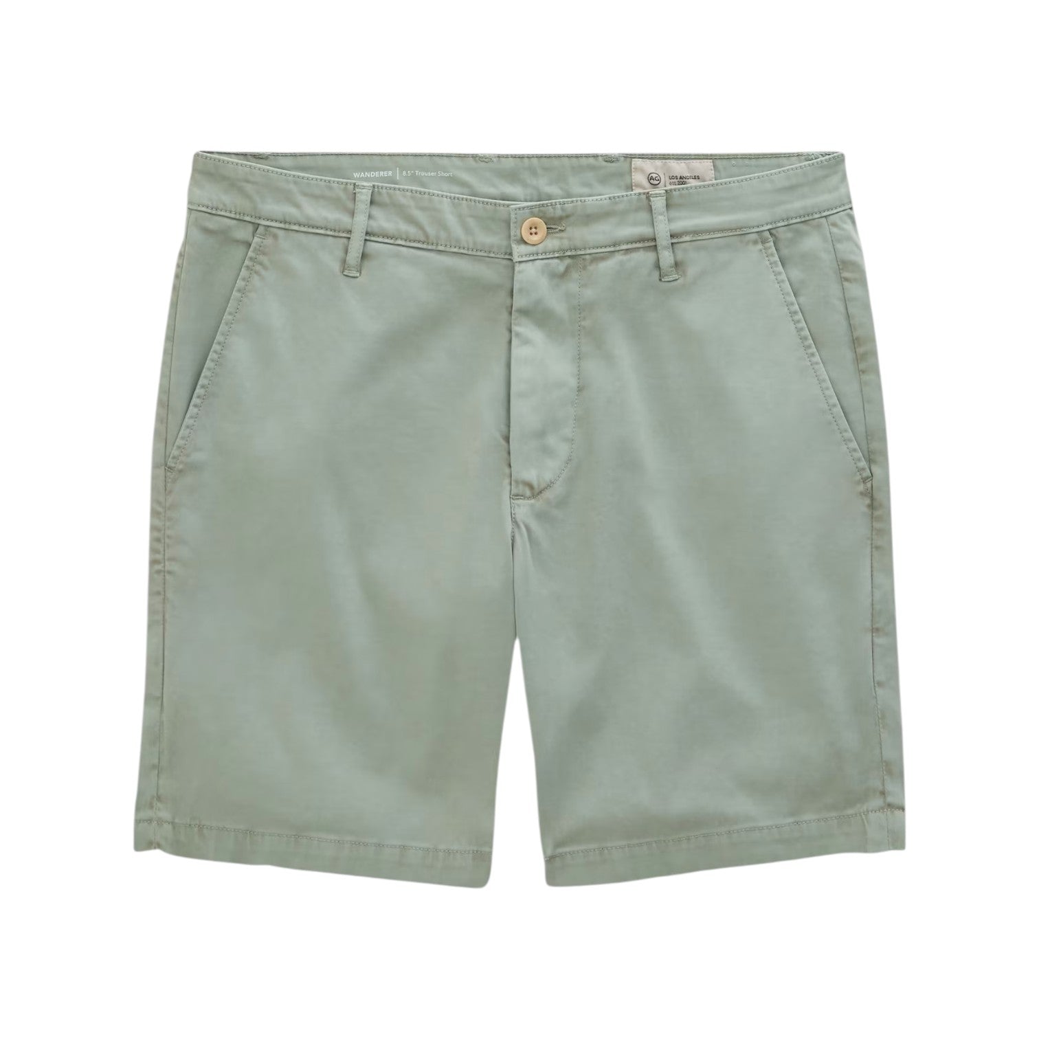 AG Jeans Wanderer Shorts in light green, expertly crafted from premium Italian fabric, feature a tailored silhouette with front pockets, button closure, and belt loops. Displayed on a white background.