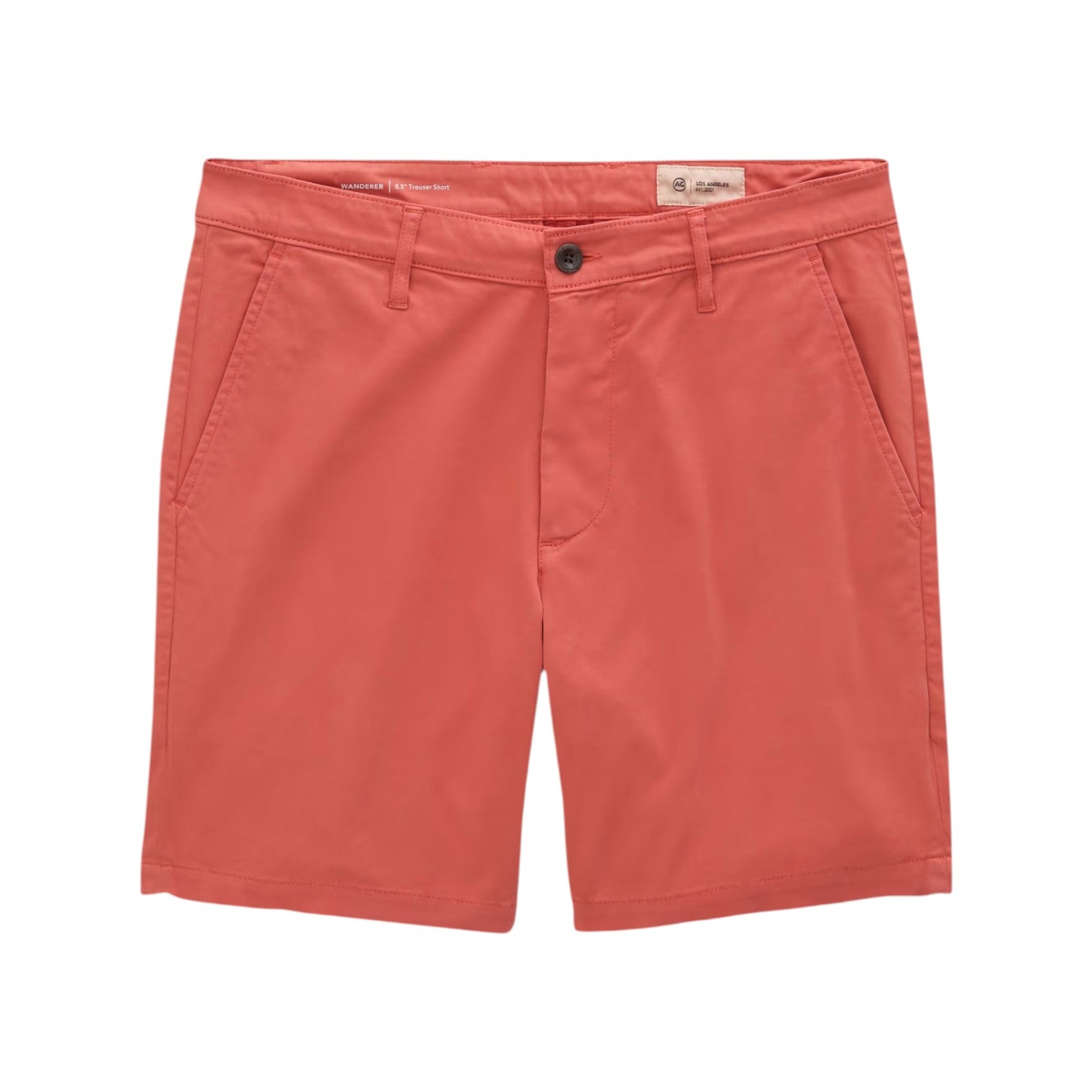 Wanderer Shorts by AG Jeans in a coral hue, expertly crafted from premium Italian fabric with front pockets, belt loops, and a button closure for a tailored finish, displayed flat on a white background.