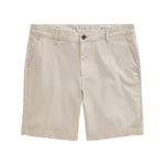 The Wanderer Shorts by AG Jeans are beige, slim, trouser-style shorts crafted from premium Italian fabric. They feature belt loops, side pockets, and a button closure for a refined, tailored look—displayed flat on a white background.