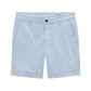 The AG Jeans Wanderer Shorts, shown in light blue and laid flat on a white background, feature belt loops, side pockets, and a button closure. Designed for a tailored look, these slim trouser-style shorts combine versatile style with comfort.