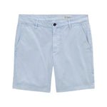 The AG Jeans Wanderer Shorts, shown in light blue and laid flat on a white background, feature belt loops, side pockets, and a button closure. Designed for a tailored look, these slim trouser-style shorts combine versatile style with comfort.