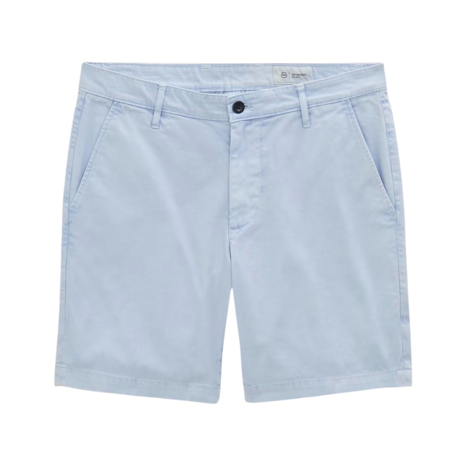 The AG Jeans Wanderer Shorts, shown in light blue and laid flat on a white background, feature belt loops, side pockets, and a button closure. Designed for a tailored look, these slim trouser-style shorts combine versatile style with comfort.