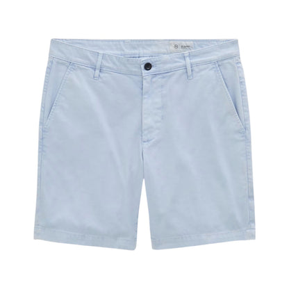 The AG Jeans Wanderer Shorts, shown in light blue and laid flat on a white background, feature belt loops, side pockets, and a button closure. Designed for a tailored look, these slim trouser-style shorts combine versatile style with comfort.