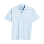 The Warwick Polo by Johnnie-O, a lightweight short-sleeve shirt in light blue and white stripes, is displayed laid flat on a white background, showcasing its classic collar and three-button placket.