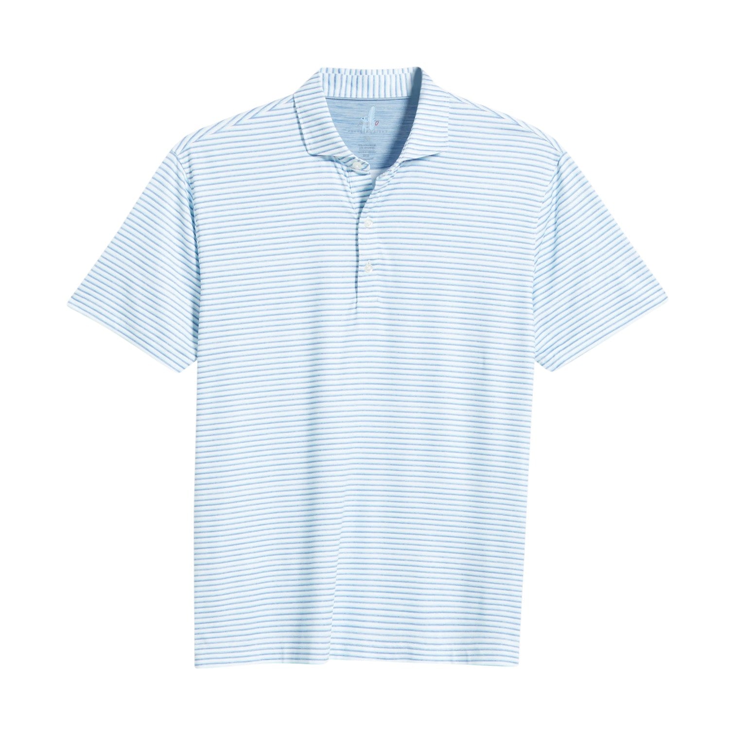 The Warwick Polo by Johnnie-O, a lightweight short-sleeve shirt in light blue and white stripes, is displayed laid flat on a white background, showcasing its classic collar and three-button placket.