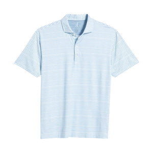 The Warwick Polo by Johnnie-O, a lightweight short-sleeve shirt in light blue and white stripes, is displayed laid flat on a white background, showcasing its classic collar and three-button placket.