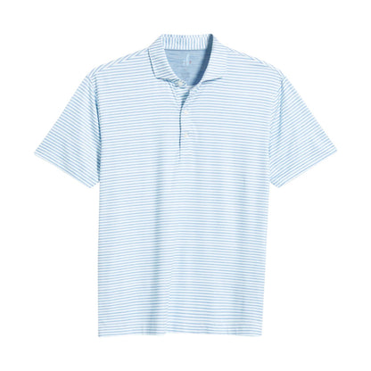 The Warwick Polo by Johnnie-O, a lightweight short-sleeve shirt in light blue and white stripes, is displayed laid flat on a white background, showcasing its classic collar and three-button placket.