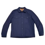 The Waterville Nylon Shirt Jacket in navy blue features a collar, two flap chest pockets, and two vertical side pockets for lightweight durability and style, shown on a white background.