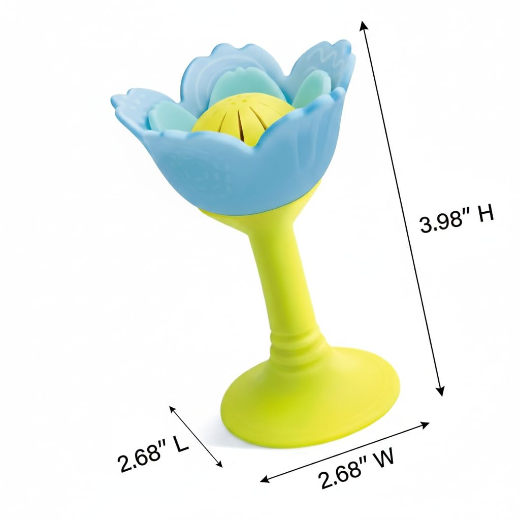 The Hape Rattle & Teether Blue is a silicone flower-shaped toy with blue and yellow chewy petals, measuring 3.98" high by 2.68" wide and long—ideal for sensory play and shown on a white background.