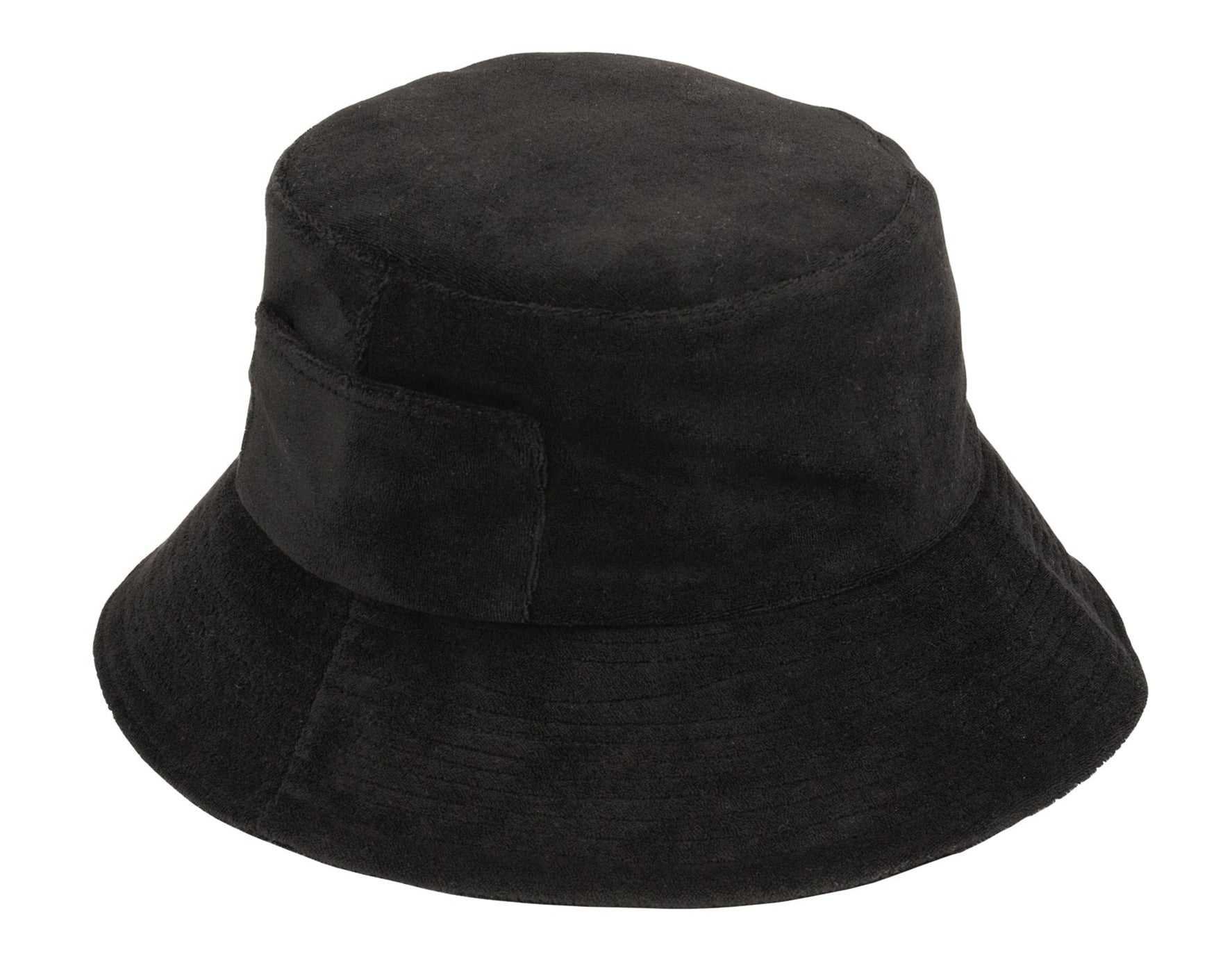 The Lack of Color Wave Terry Bucket Hat by Lack of Color is a black terry towel bucket hat with a plain design, made from soft cotton terry cloth and featuring a UPF Rating 50+ for superior sun protection.