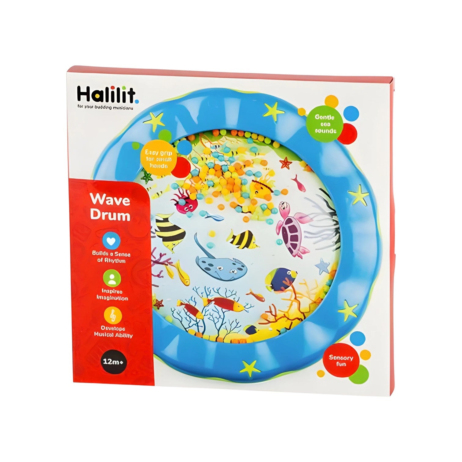 A boxed Crocodile Creek Wave Drum for children 12 months+, featuring a textured rim, sea-themed designs, and beads inside to create soothing ocean wave sounds.