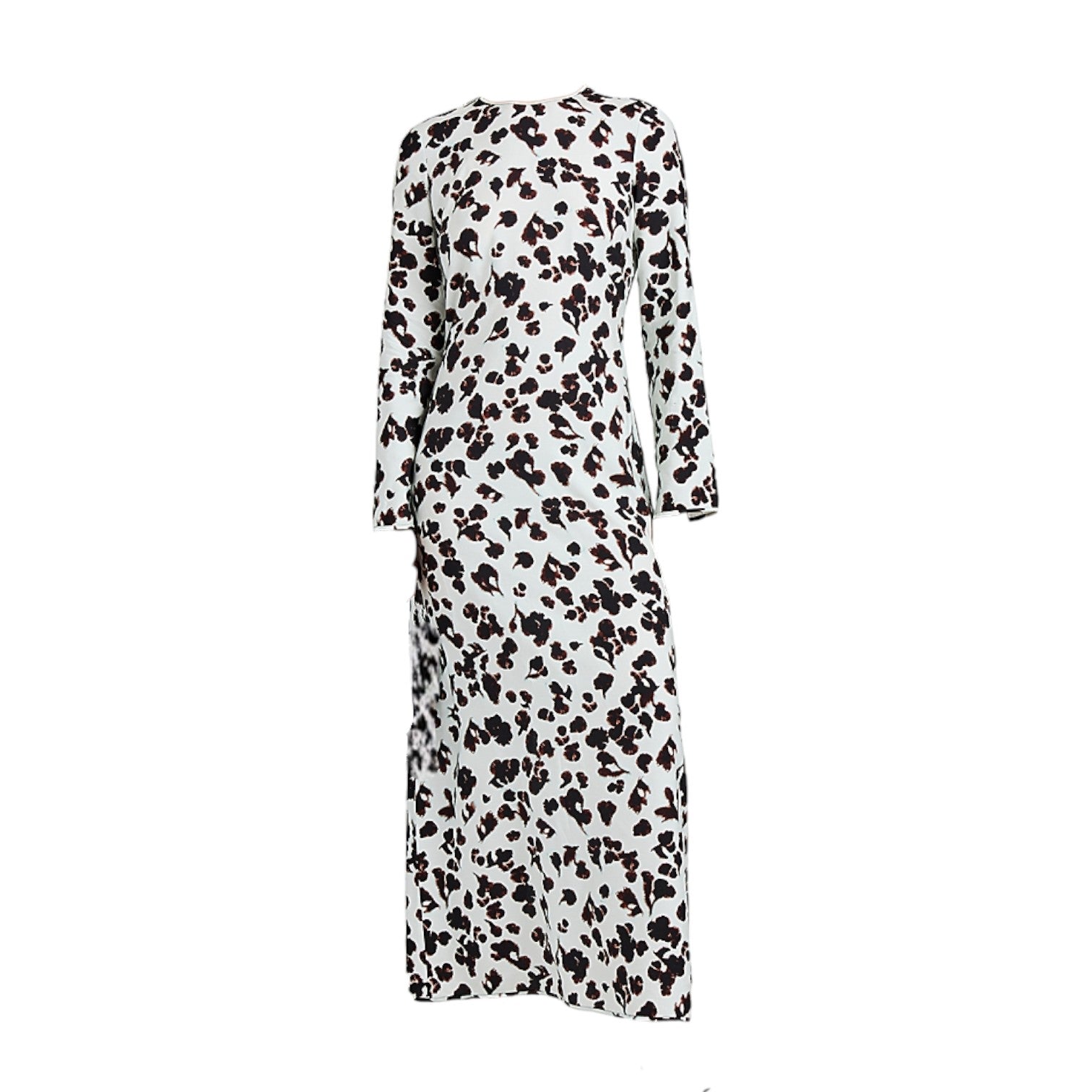 The Proenza Schouler White Label Waverly Dress is an ankle-length, long-sleeve dress with a white base and abstract black and brown floral print.