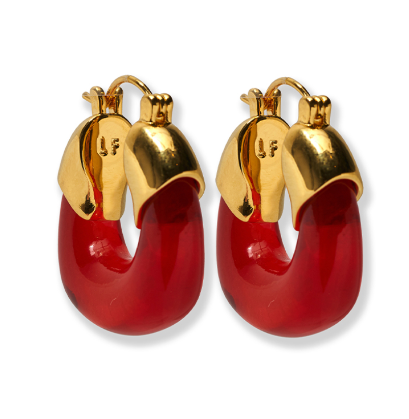 A pair of Lizzie Fortunato Organic Mini Gold Hoops, featuring shiny gold-plated brass on the upper sections and red enamel on the lower halves, displayed against a white background.