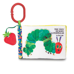 The Kids Preferred Very Hungry Caterpillar Soft Book features a strawberry-shaped teether and red clip—perfect as a sensory book for babies to explore.