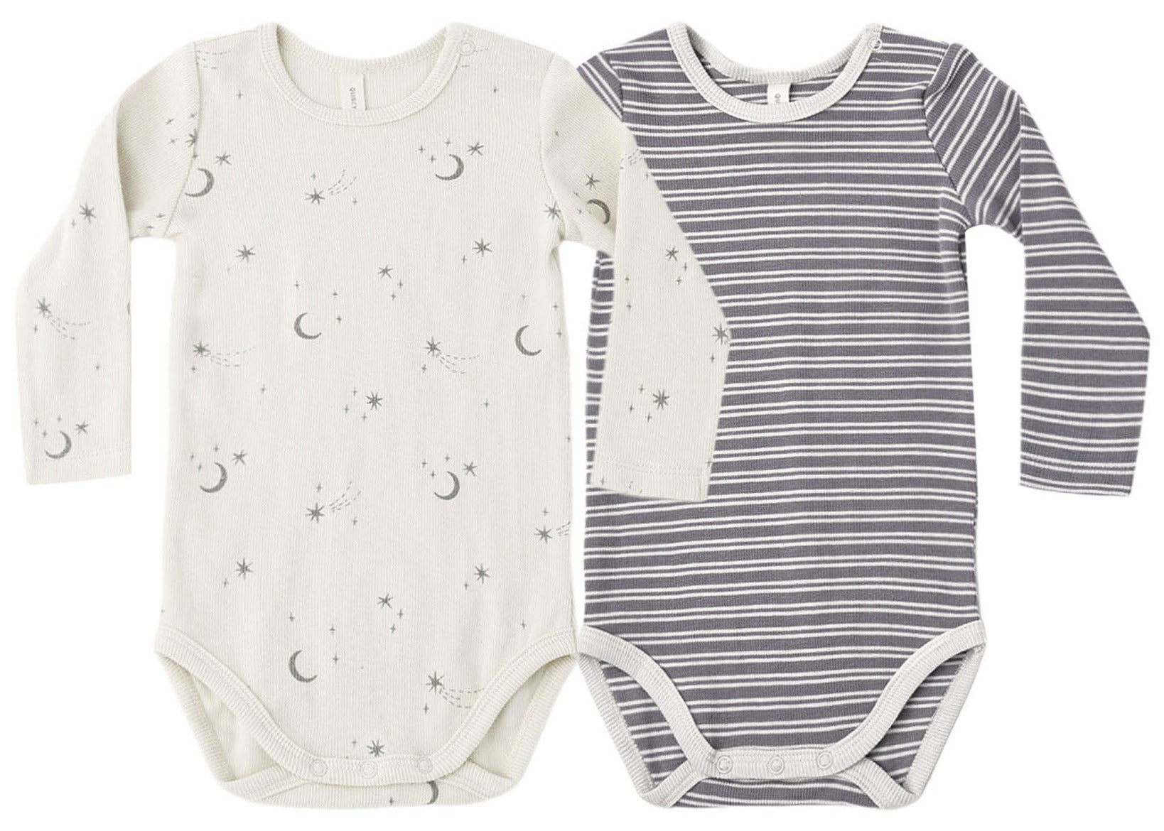 Two Quincy Mae Baby Boys’ Ribbed Bodysuits from the 2-Pack set, one in cream with a moon and star print and the other in gray with white horizontal stripes, laid flat side by side. These organic rib knit bodysuits provide comfort and style for your little one.