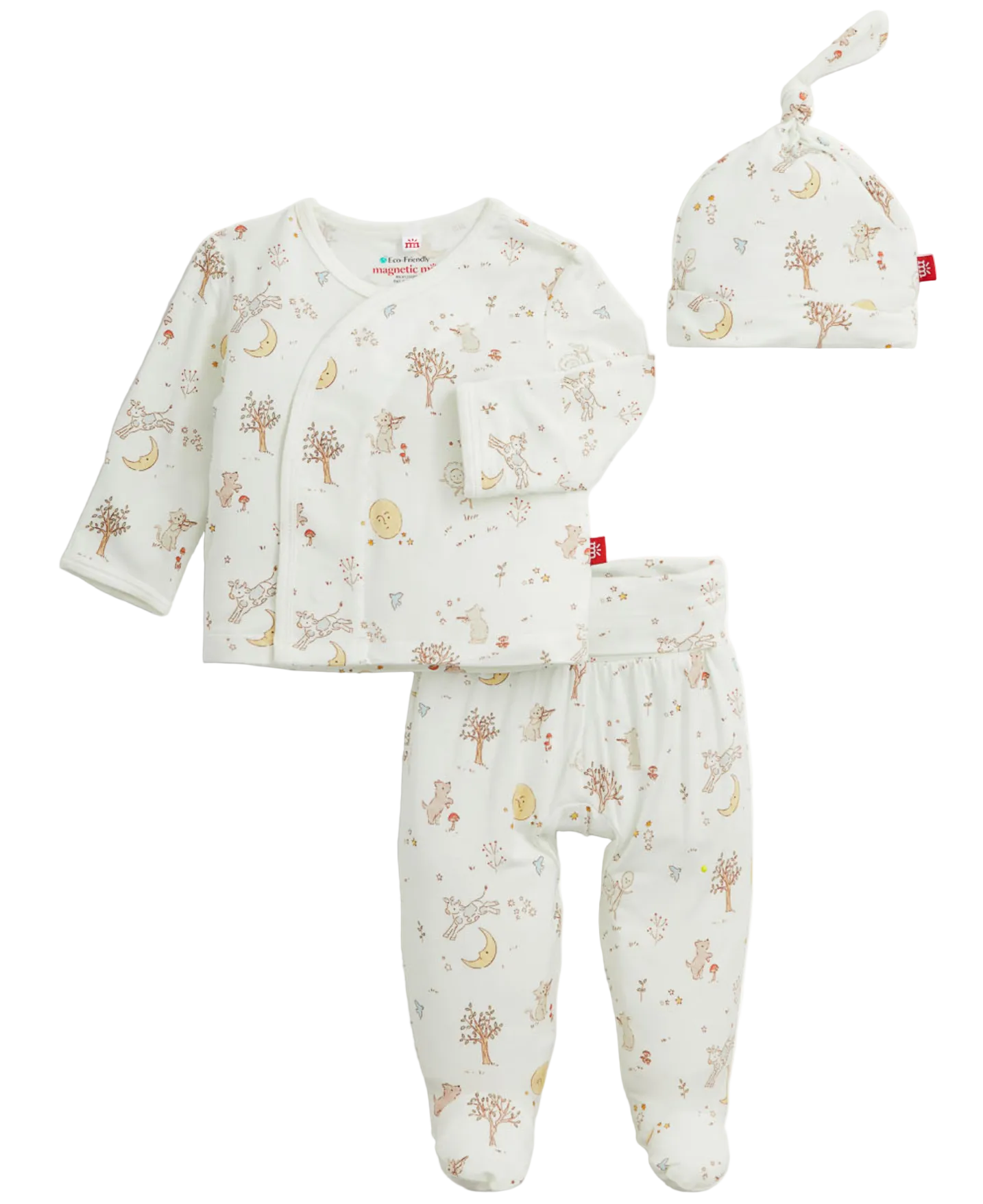 The Baby Bedtime Rhymes Take Me Home Kimono Set by Magnetic Me is a three-piece set for infants, featuring a long sleeve kimono shirt with magnetic fasteners, footed pants, and a knotted hat—all made from ultra-soft modal fabric and adorned with whimsical animal and nature prints on a white background.