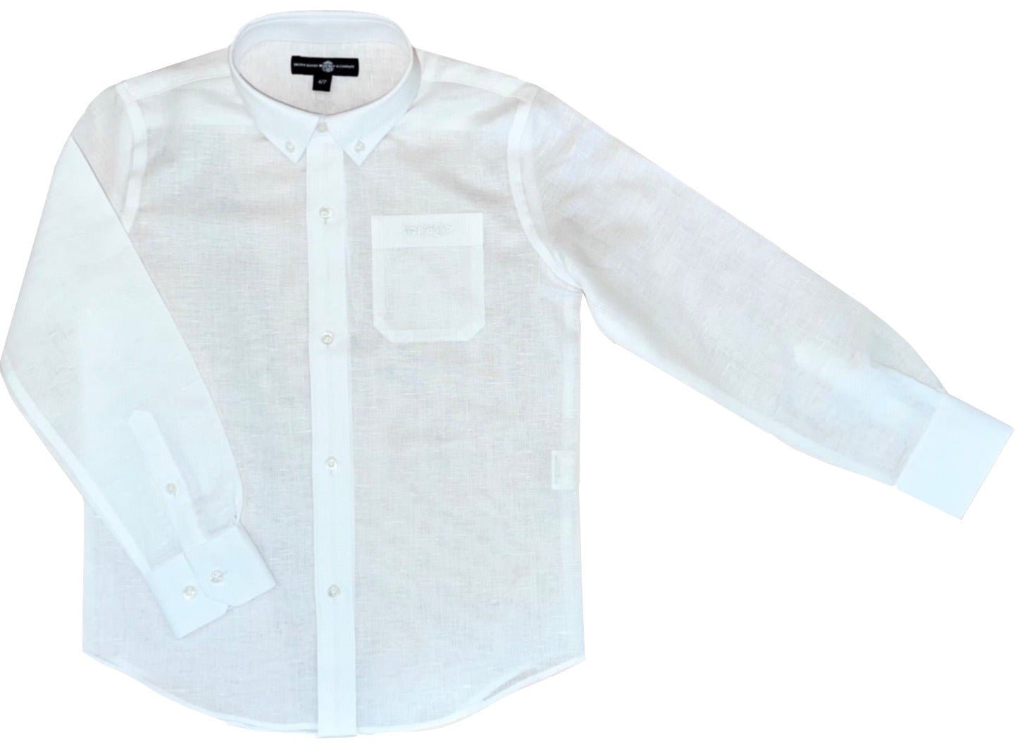 A Bowen & Co. Linen Dress Shirt from Brown Bowen & Company features a button-down collar, long sleeves with buttoned cuffs, a front chest pocket, and comes in white linen.