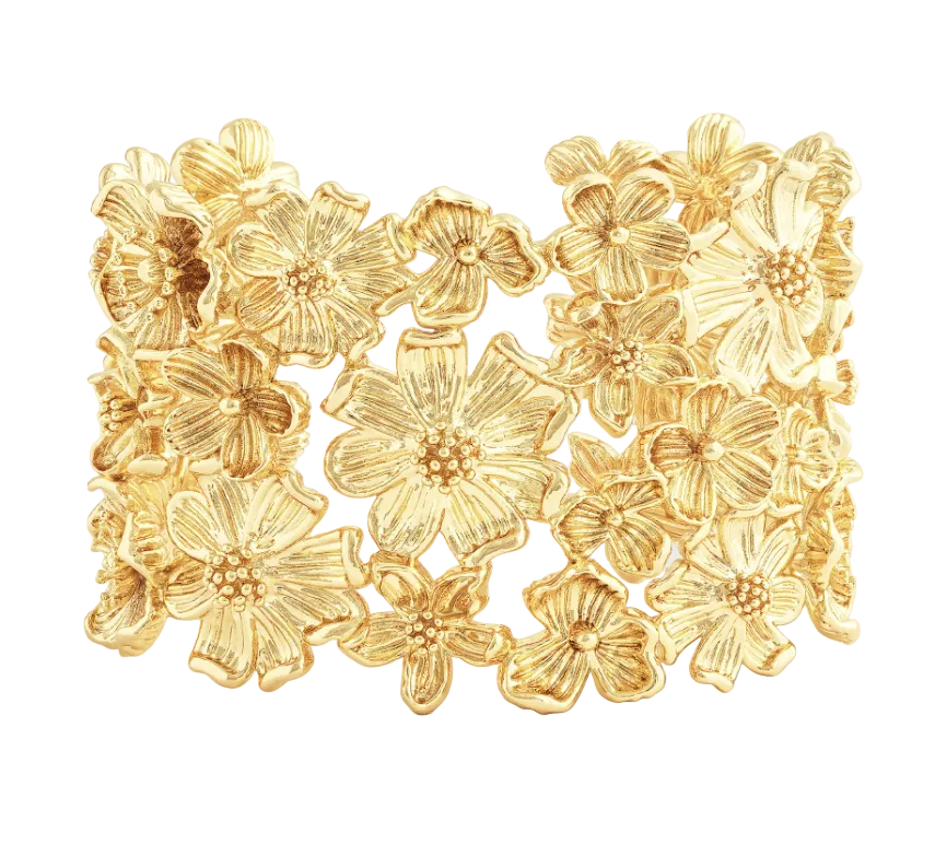 The Wildflowers Gold Wide Cuff by Anabel Aram is an elegant statement piece featuring overlapping floral openwork, beautifully crafted and finished with 18k gold plating.
