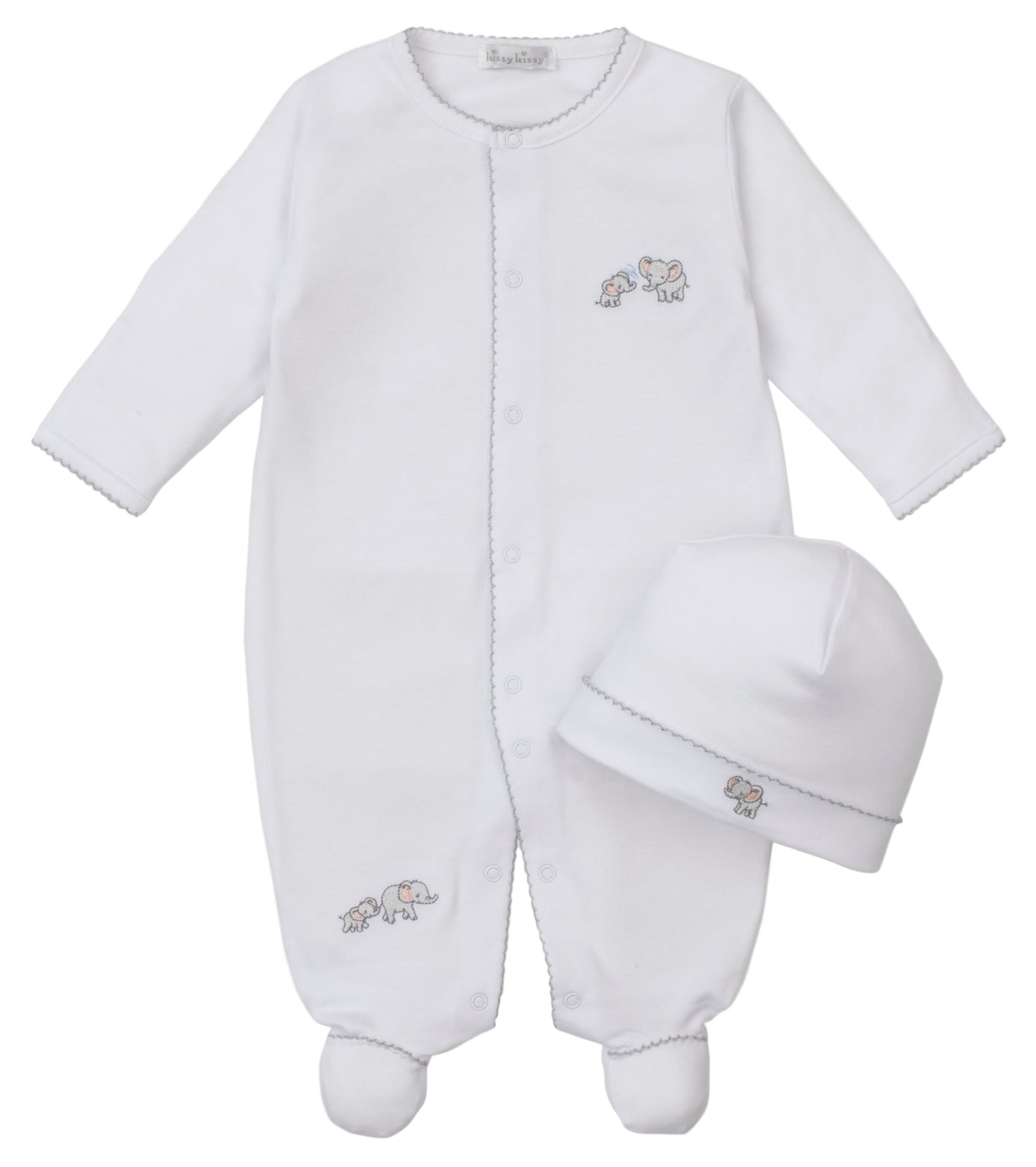 The Kissy Kissy Baby Elephant Esprit Footie with Hat Set includes a white long-sleeve, footed snap-closure footie with embroidered elephant details and a matching hat.