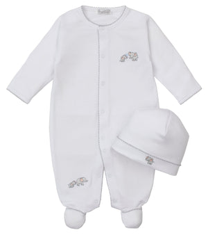The Kissy Kissy Baby Elephant Esprit Footie with Hat Set includes a white long-sleeve, footed snap-closure footie with embroidered elephant details and a matching hat.