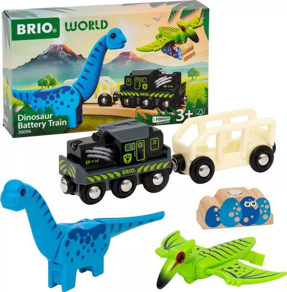 The Brio Dinosaur Battery Train playset includes a blue dinosaur, green pterodactyl, black battery-powered train engine, and white wagon—perfect for imaginative dinosaur adventures!.