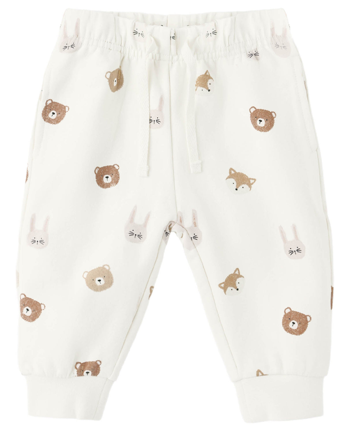 The Quincy Mae Baby Boys’ and Boys’ Relaxed Fleece Sweatpant features an elastic waist and cuffs, plus an all-over print of brown bears, beige foxes, and white bunny faces on soft white fleece—making these cozy sweatpants perfect for everyday wear.
