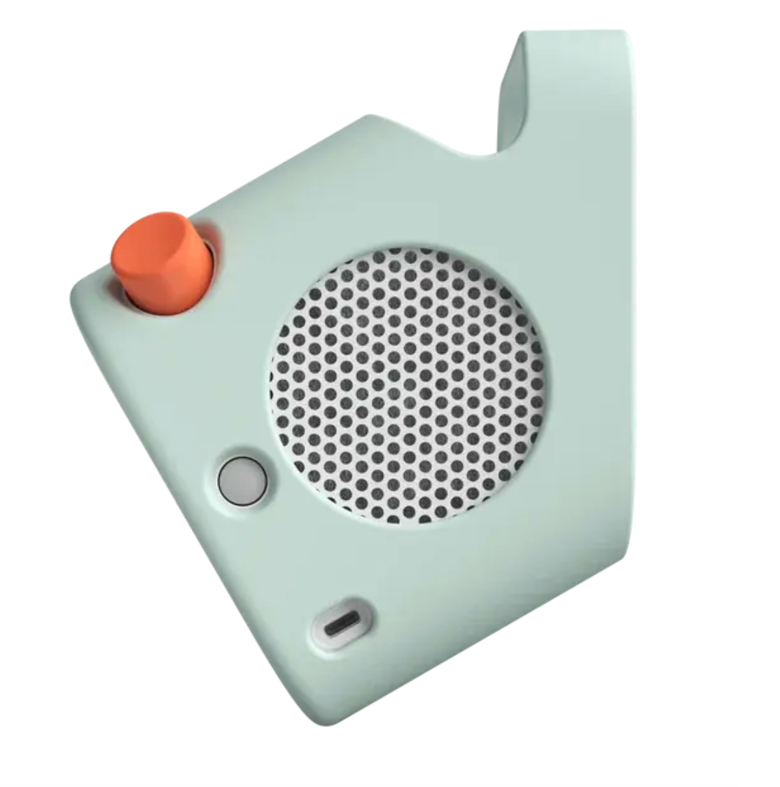 Light gray Yoto Player (3rd Gen) featuring a round grille, an orange knob, a small button, and a USB-C charging port on an angled, compact body—perfectly complemented by the optional Yoto Player Adventure Jacket for extra protection on the go.
