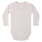 The Quincy Mae Baby Girls’ Waffle Long Sleeve Bodysuit features a light pink hue, ribbed texture, crochet lace ruffle at the neckline and cuffs, and convenient snap closures at the bottom and shoulder.