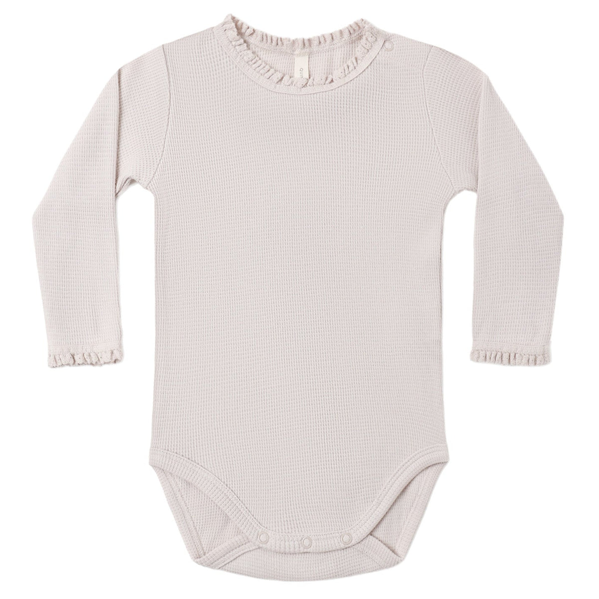 The Quincy Mae Baby Girls’ Waffle Long Sleeve Bodysuit features a light pink hue, ribbed texture, crochet lace ruffle at the neckline and cuffs, and convenient snap closures at the bottom and shoulder.