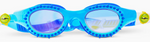 Bling2O Kids' Jurassic Dive Goggles feature blue dinosaur-inspired frames with spiked edges around the lenses and playful yellow eye designs on the adjustable side straps, making these prehistoric swim accessories perfect for adventurous kids. Displayed against a white background.