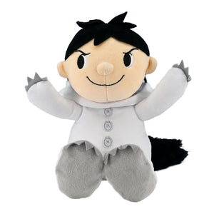 The Kids Preferred Where the Wild Things Are Max Plush features black hair, a white outfit with three buttons, gray paws and a tail, and sits with open arms and a smiling face, inspired by Maurice Sendak’s beloved story.