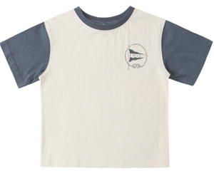 The Rylee & Cru Baby Boys' and Boys' Contrast Short Sleeve Tee has a cream cotton slub body, blue sleeves and collar, and a small left chest graphic with text, a fish, and a nautical flag.
