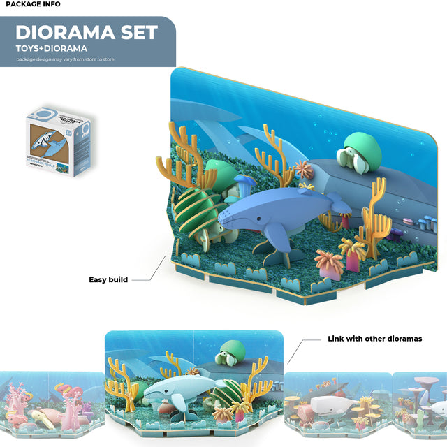 The Halftoys Ocean Friends set showcases an underwater diorama scene brimming with marine life, including fish, coral, and a sea turtle. This package emphasizes its easy-build feature and the ability to link with other dioramas, making it a perfect addition to your Halftoys collection.