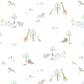 Illustration of a repeating pattern featuring stylized animals and plants, commonly used for fabric, wallpaper, or wrapping paper made from eco-friendly Magnetic Me White Serene Safari Footie.