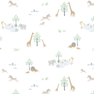 Illustration of a repeating pattern featuring stylized animals and plants, commonly used for fabric, wallpaper, or wrapping paper made from eco-friendly Magnetic Me White Serene Safari Footie.