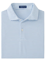 The folded Peter Millar Tempo Performance Mesh Polo in light blue and white stripes features a collar and mother-of-pearl buttons, perfect for elegance.