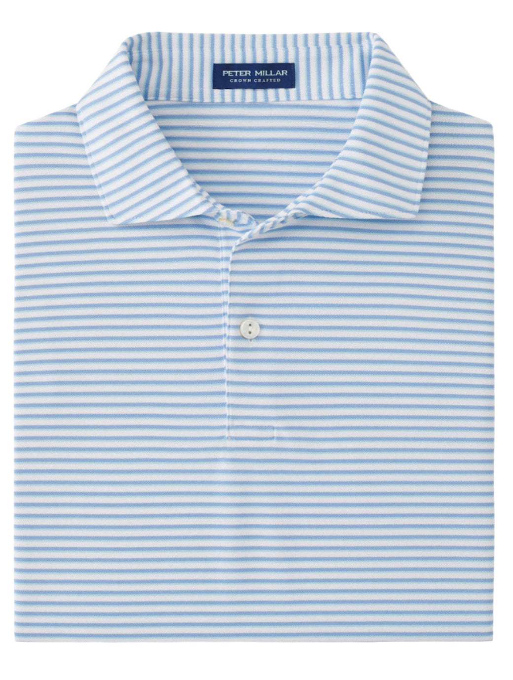 The folded Peter Millar Tempo Performance Mesh Polo in light blue and white stripes features a collar and mother-of-pearl buttons, perfect for elegance.