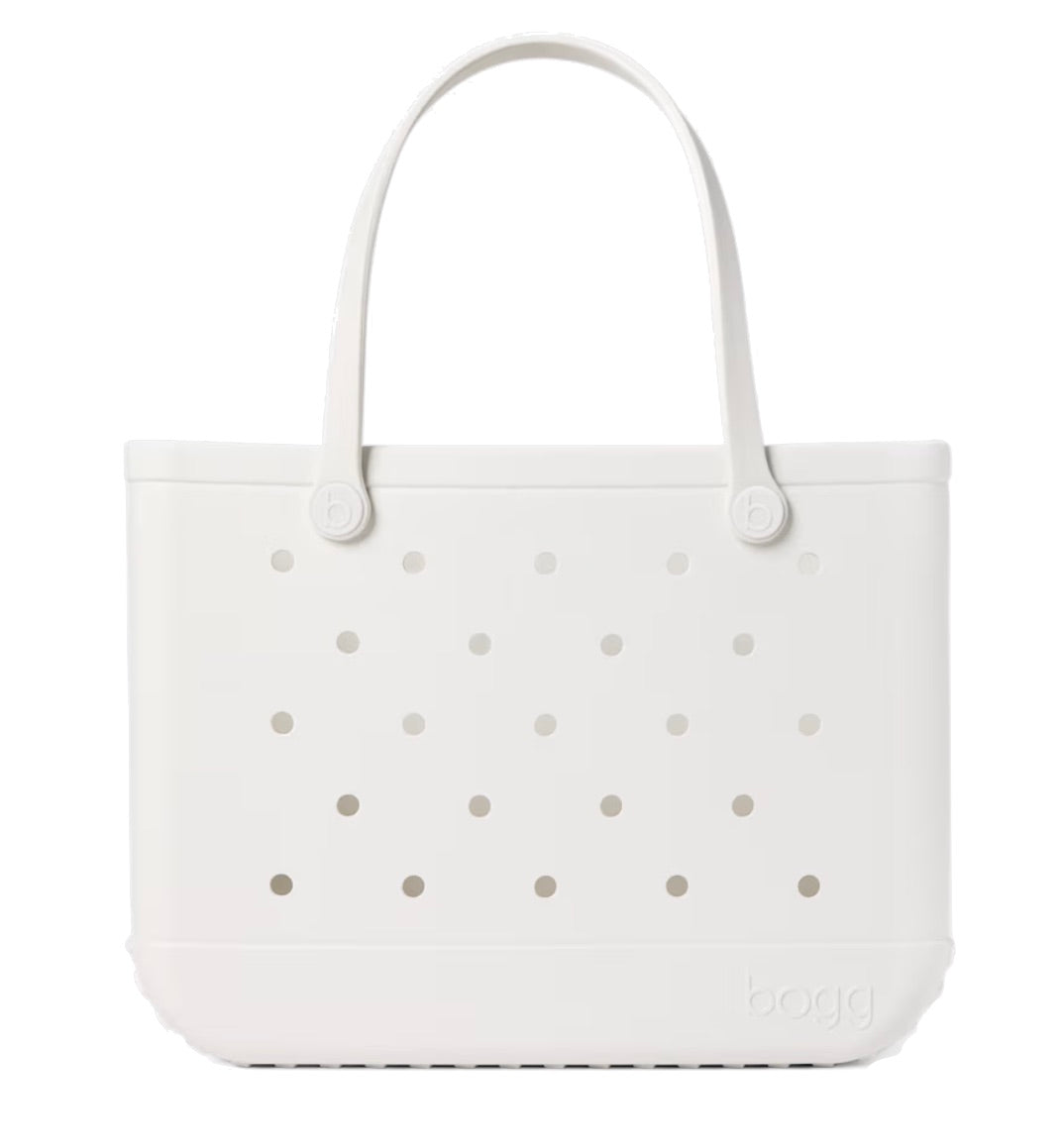 A white, rectangular Original Bogg® Bag tote from Bogg Bags features two handles and evenly spaced holes on the front. The brand name “bogg” is embossed on the lower right corner, making this washable bag a practical choice for your next beach tote.