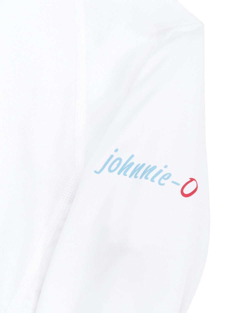 Close-up view of a Johnnie-O Gavin Long-Sleeve Sun Shirt featuring the brand name "Johnnie-O" written in light blue and red on the sleeve, with quick drying fabric for added comfort.