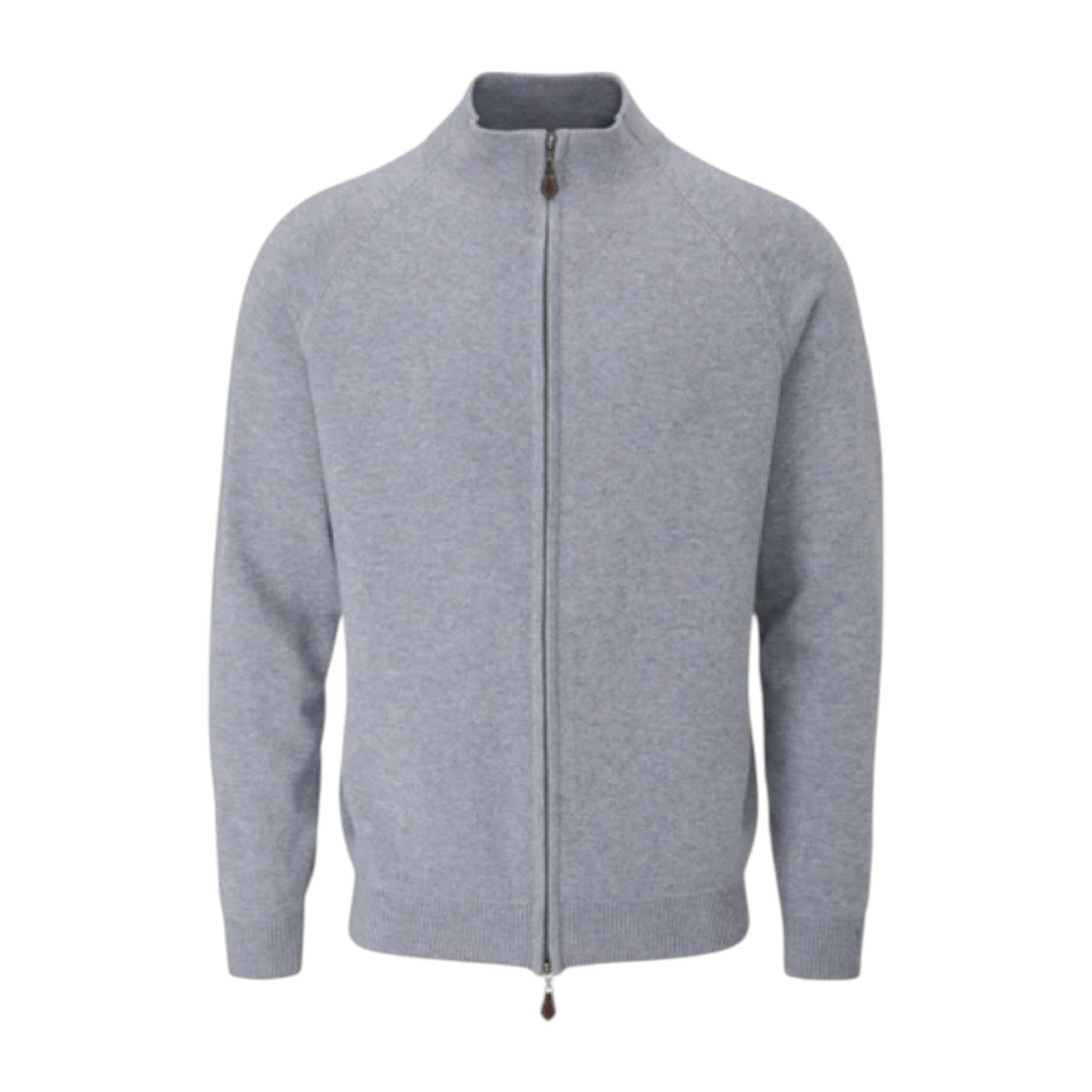 The Alan Paine Whitmore Full Zip cardigan is a light gray, long-sleeve sweater with a stand collar, made from premium wool and shown on a white background.