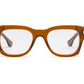 The Caddis Muzzy Reader is a pair of rectangular, amber-colored eyeglasses with clear lenses and a bio-based acetate frame, shown from the front.