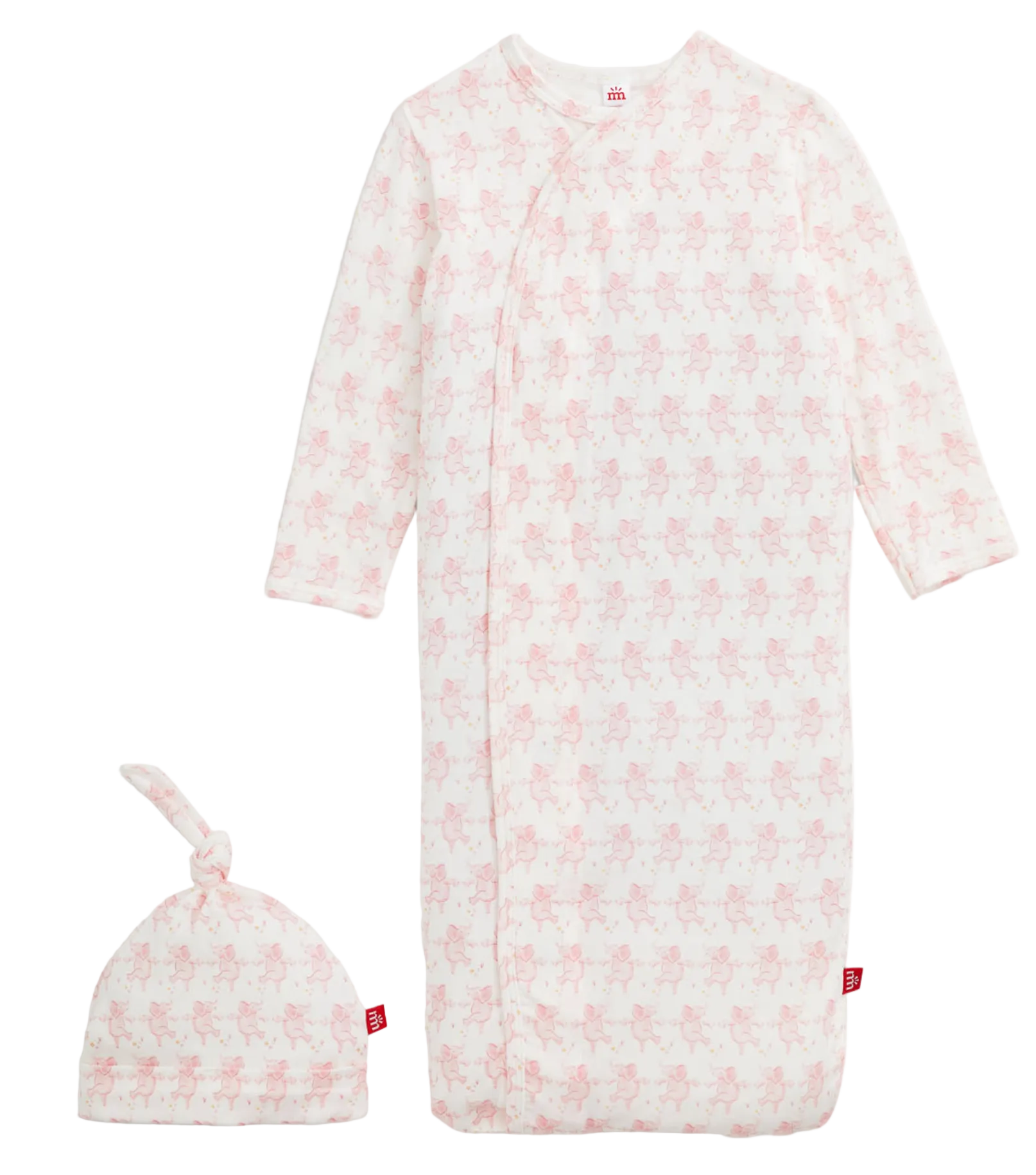 The Magnetic Me Baby Trunkettes Modal Gown + Hat set features a long-sleeve pink and white patterned newborn gown with a matching knotted hat, both adorned with a subtle animal print. Designed for comfort, this cozy modal set includes a convenient magnetic closure for easy dressing and changing.