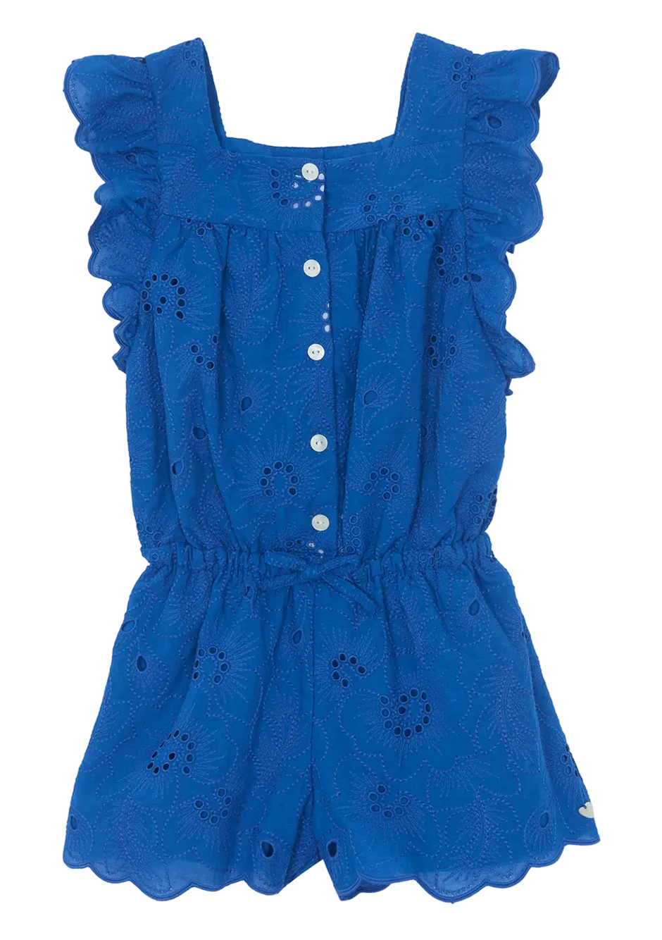Tartine et Chocolat Girls’ Openwork Short Jumpsuit in blue features ruffled shoulders, a button-down front, an elastic waist for comfort, a delicate floral eyelet pattern, and scalloped edges.