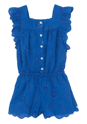 Tartine et Chocolat Girls’ Openwork Short Jumpsuit in blue features ruffled shoulders, a button-down front, an elastic waist for comfort, a delicate floral eyelet pattern, and scalloped edges.