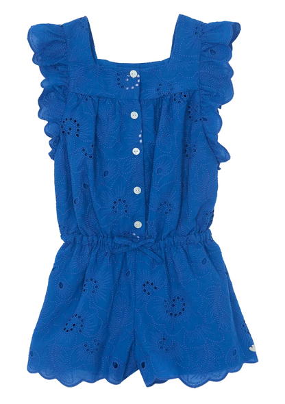 Tartine et Chocolat Girls’ Openwork Short Jumpsuit in blue features ruffled shoulders, a button-down front, an elastic waist for comfort, a delicate floral eyelet pattern, and scalloped edges.